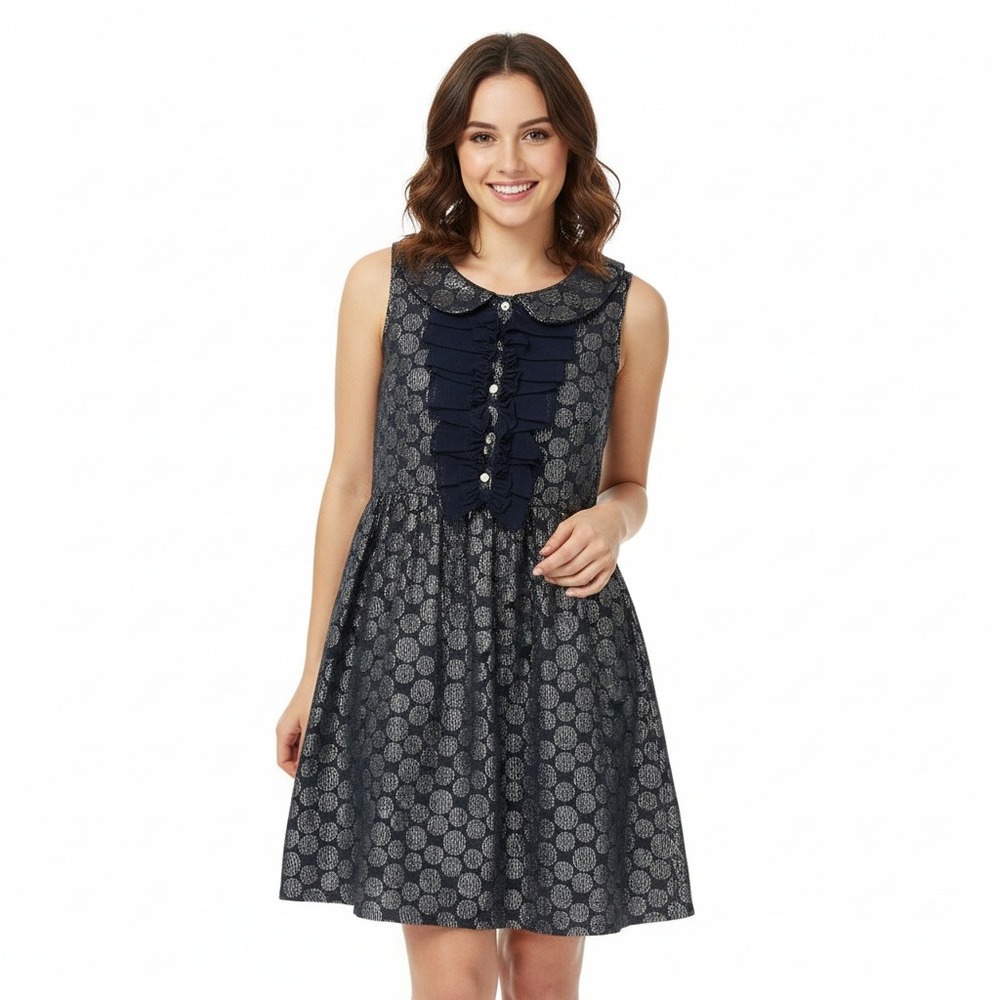 Kensie Dresses Blue Silver Polka‎ Dot A Line Sleeveless Mini Collared Dress 12